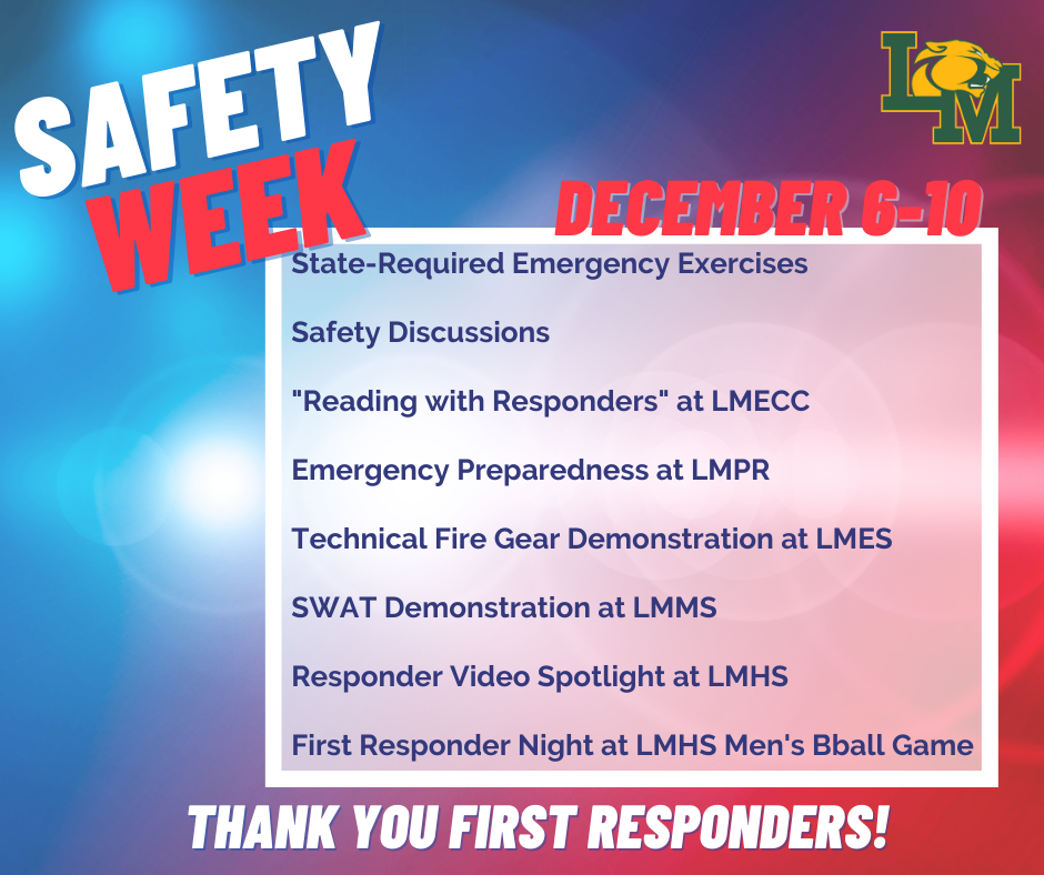 blue and red emergency lights in background with safety week text on top